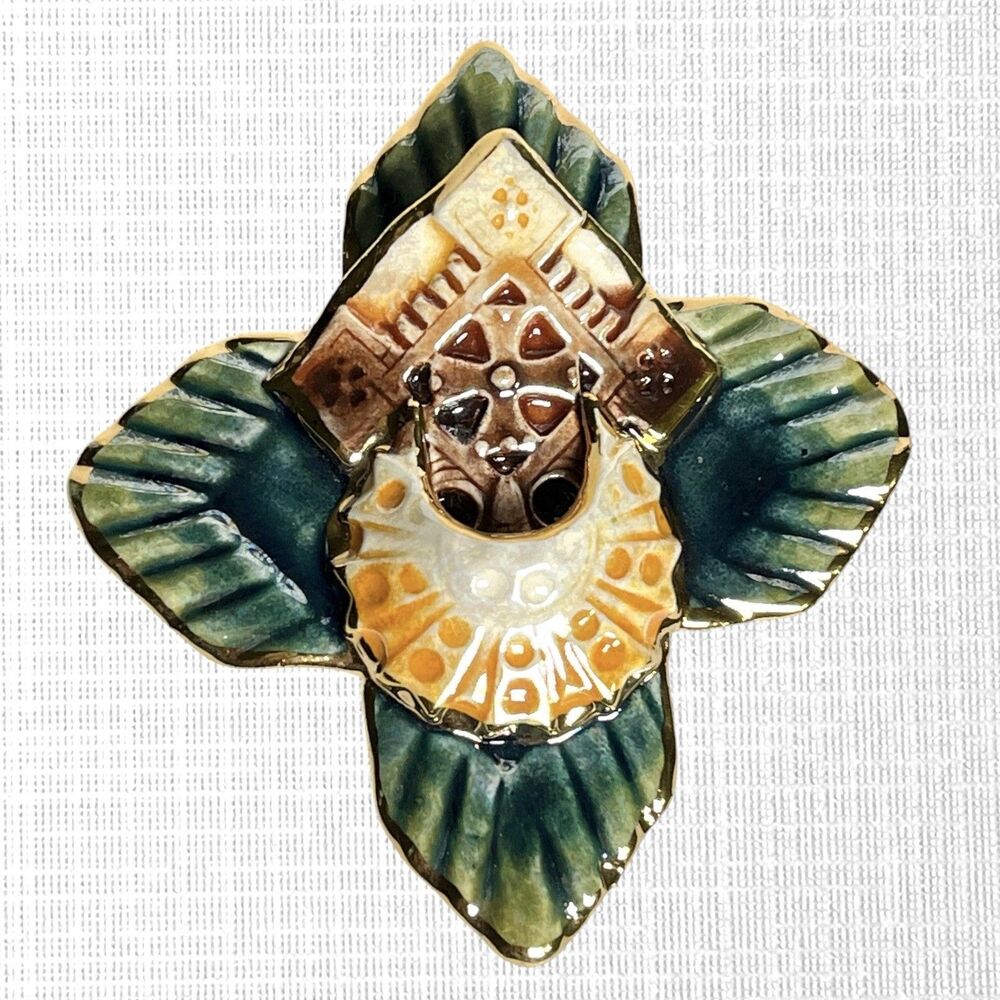 VTG Ceramic Brooch Large Pin Porcelain Pocket Style Green Pottery Cross 3.5”